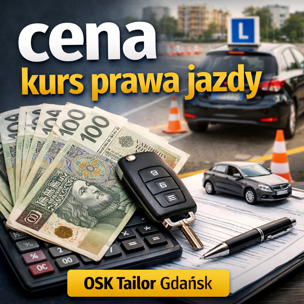 Cena kurs prawa jazdy kat. B w Gdańsku – OSK Tailor. Obraz przedstawia samochód szkoleniowy z tablicą L, kluczyk do auta, polskie banknoty i kalkulator, symbolizujące koszt kursu prawa jazdy.