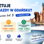 Barometr cen kursów prawa jazdy kat. B w Gdańsku – raport z porównaniem cen kursów podstawowych, na automacie i ekspresowych w II kwartale 2026 roku. Infografika z samochodem nauki jazdy i panoramą Gdańska wygenerowana na podstawie wpisu bloga przez chat gpt